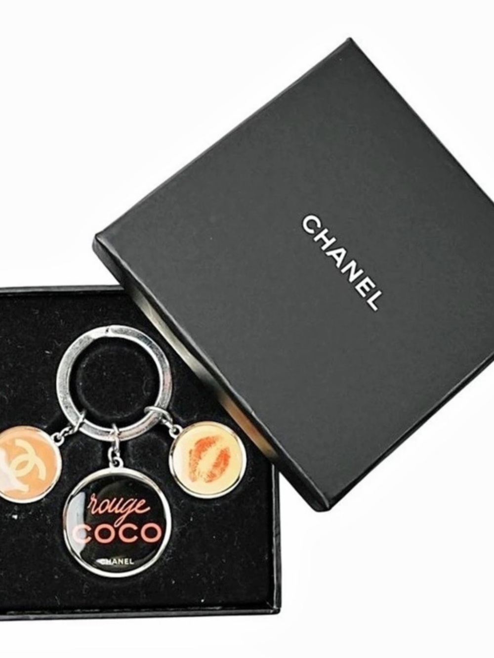 Authentic Chanel Rouge Coco Lipstick Charm Keychain Black & Silver